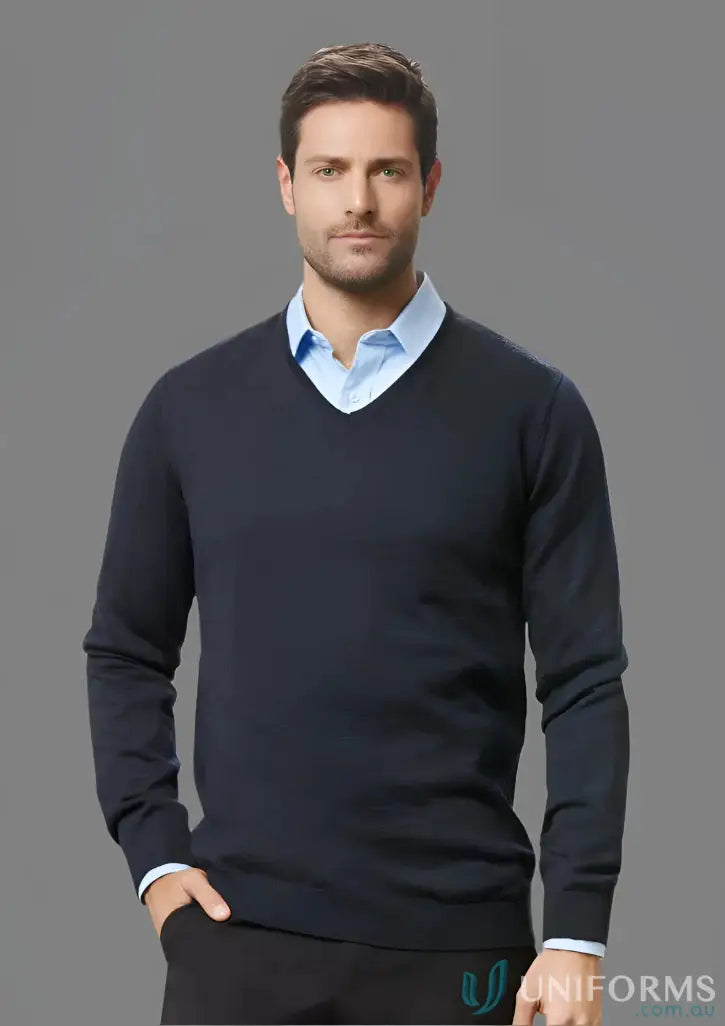 Man in navy Milano knit jumper from Biz Collection Milano made of merino wool