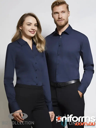 Matching navy blue business attire featuring YR Mens EMB LS Shirt with modern narrow collar
