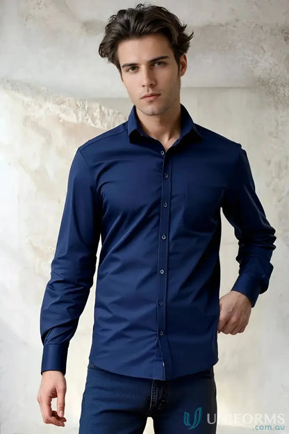 Navy blue long-sleeved dress shirt from YR Mens EMB Biz Collection Monaco with modern narrow collar
