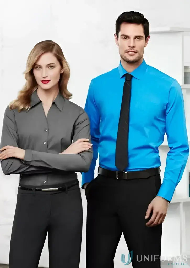 Professional man and woman wearing YR Mens EMB LS Shirt from Biz Collection Monaco with modern narrow collar
