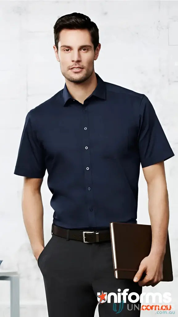 Man in navy YR Mens EMB SS shirt, perfect monaco short sleeve shirt offers