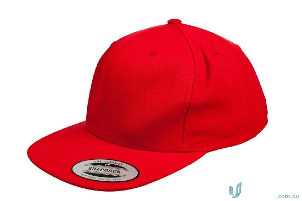 Red snapback cap from Yupoong Classic Flat Peak Cap perfect for uniforms and workwear