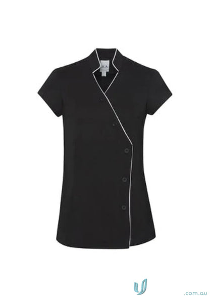 Women’s Zen mandarin collar tunic with stain release, black with white trim