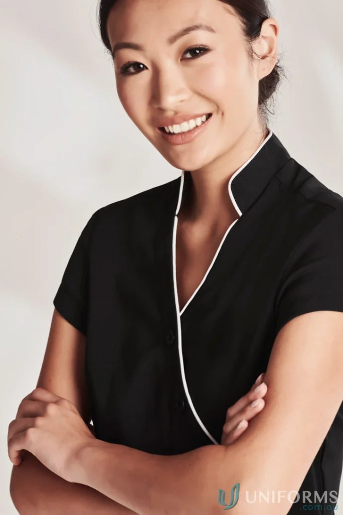 Women’s zen black wrap-front tunic with mandarin collar and stain release fabric