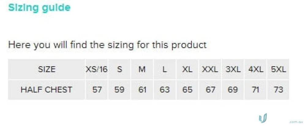Clothing size chart for Zip Hoodie with Pocket, perfect for uniforms and workwear