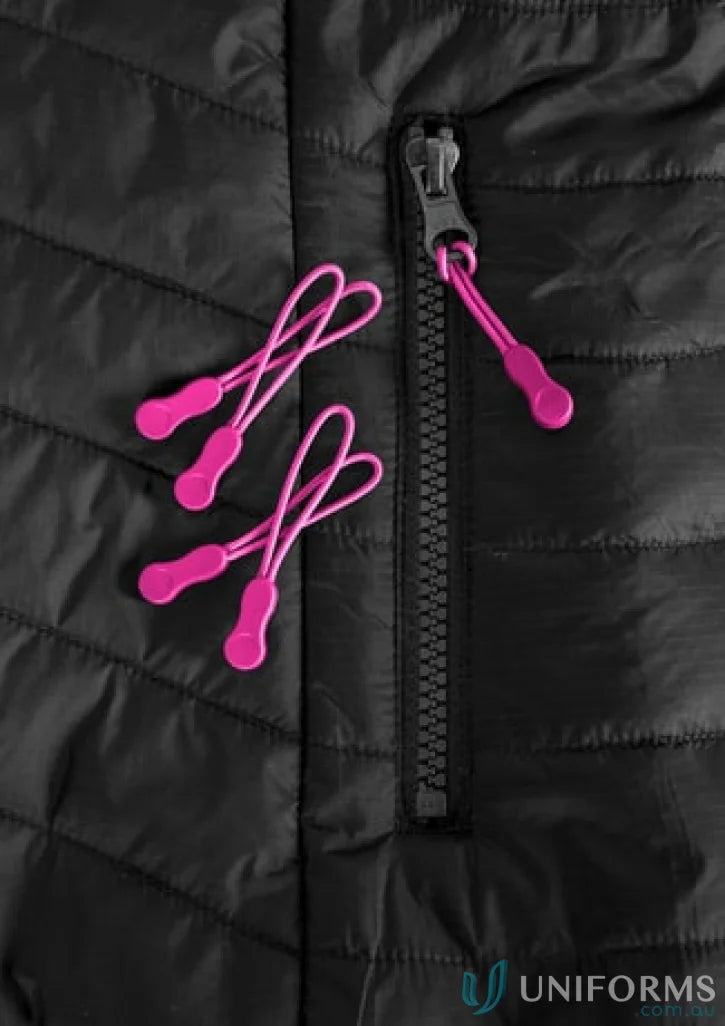 Black quilted Zippies jacket with pink eyelet head zippers from collection zippies j744
