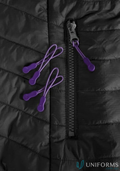 Black quilted jacket with purple eyelet head zippers from Zippies collection j744