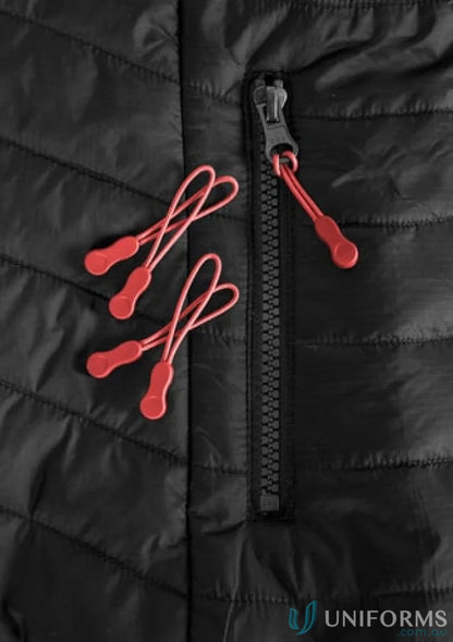 Black quilted jacket with red zipper pulls from Zippies collection j744 with eyelet head zippers