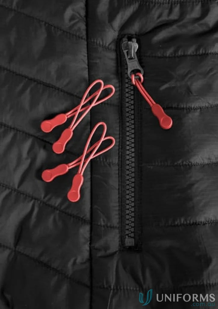 Black quilted jacket with red zipper pulls from Zippies collection j744 with eyelet head zippers