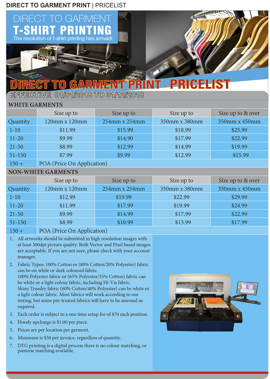 Uniforms 2018 DTG Printing Pricelist