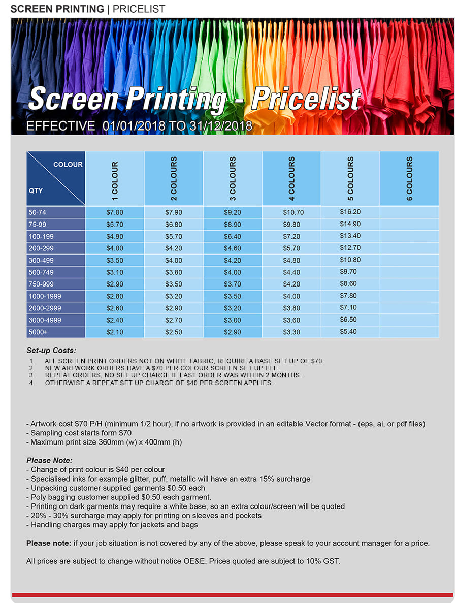 Prices Screen Printing 2019