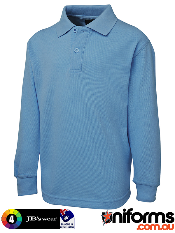Showcasing The JB's Kids Long Sleeve 210 Polo Code 2KLP in light blue.