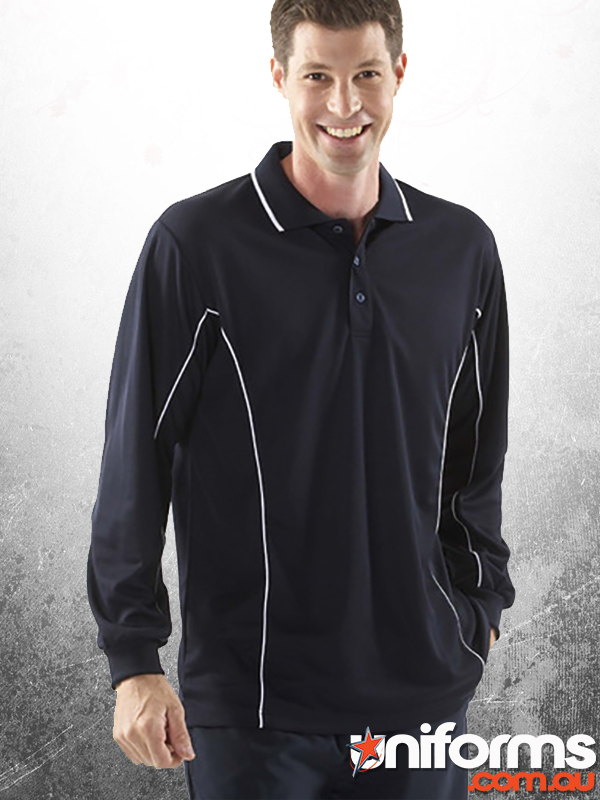 7pipl.jpg_product a MALE MODEL SHOWCASING THE the JB's Podium Piping Long Sleeve Polo 7PIPL in Black White.