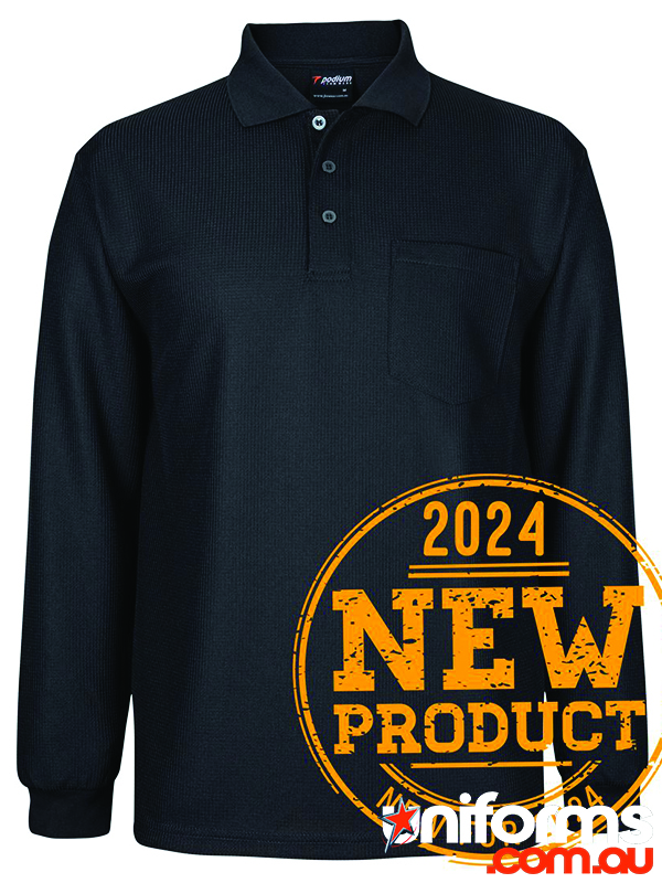 Showcasing the JB’s Podium Waffle Pocket Long Sleeve Polo 7WPL in Black.