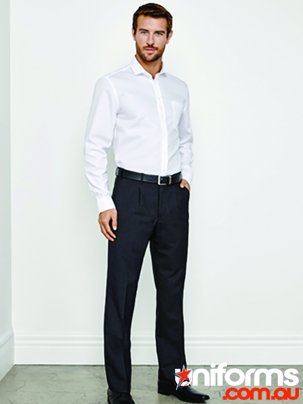 A man in black classic pleat pants, showcasing a blend of comfort and style in modern fashion.