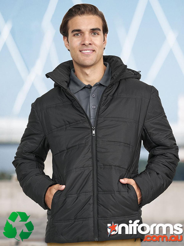 3D Cut Sustainable Seamless Parka navy hood collar zipper detail, ensuring warmth and style.