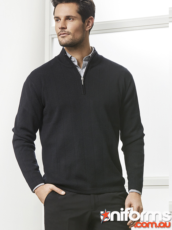 A man wearing a black sweater and black pants, showcasing the BIZ COLLECTION Mens 80/20 Wool Pullover.