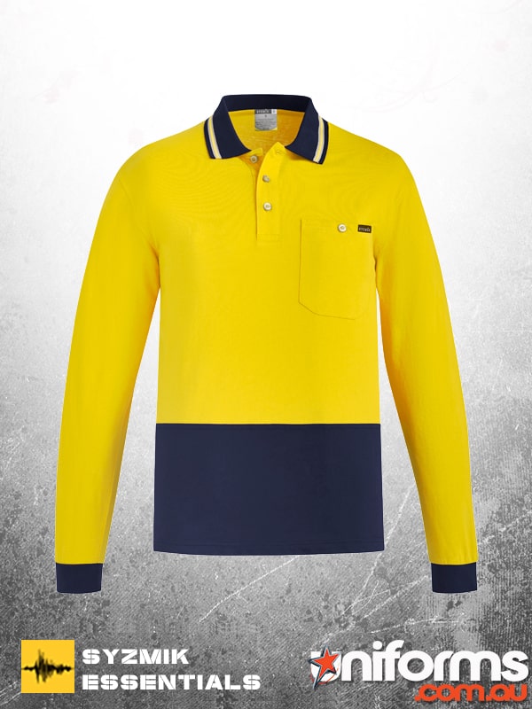 Yellow and navy Syzmik men's hi-vis cotton long sleeve polo shirt, designed for safety and comfort in any environment.