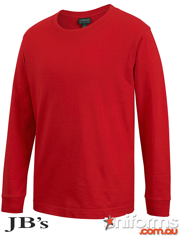 A red JB'S Wear Kids Long Sleeve Cuffed Tee (style 1LS)