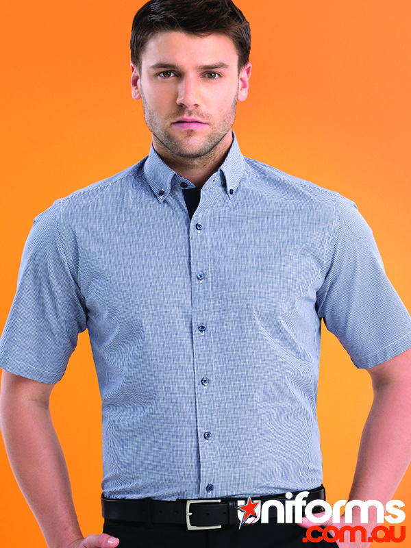 Keval Slim Fit Short Sleeve Micro Check Shirt - Stylish Workwear in Navy - SKU 635-JK