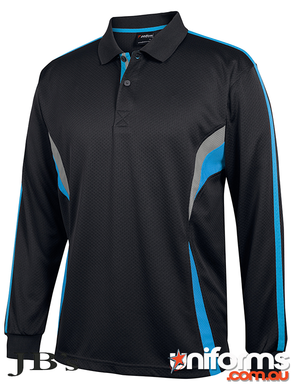 Showcasing the JB's Podium Cool Long Sleeve Polo 7CLP in Black Aqua Grey.