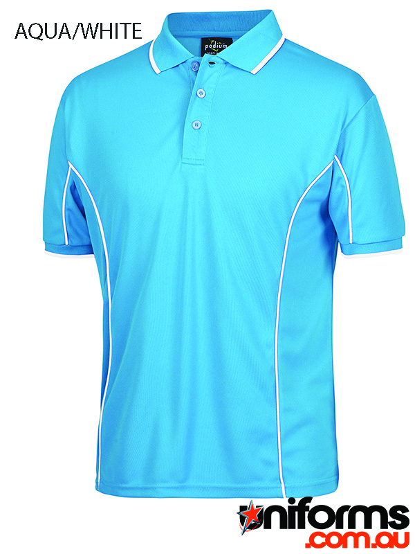 Showcasing the JBs Podium Piping Short Sleeve Polo 7PIP in Aqua White