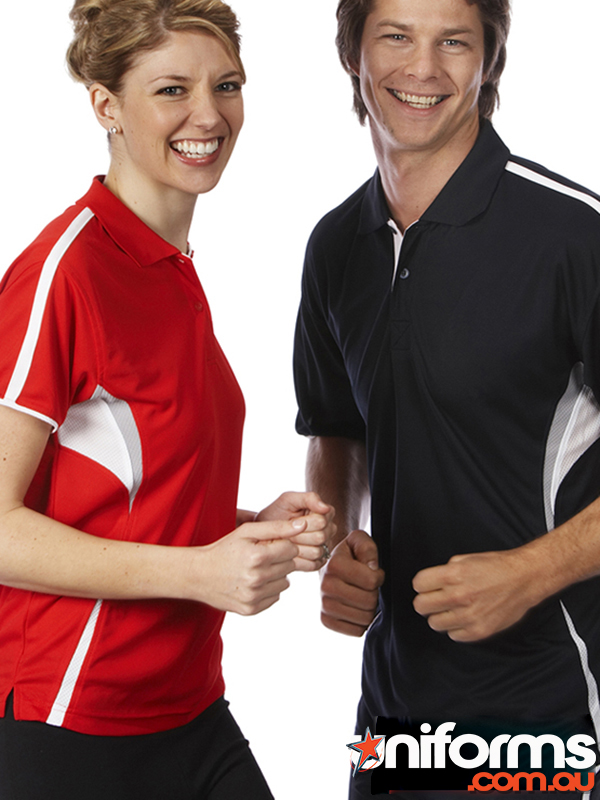 A couple looking happy while wearing the JB's Podium Cool Polo 7COP.