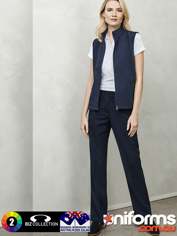 A lady wearing Navy Vest & Navy BS610L BIZ COLLECTION Women's Detroit Pant