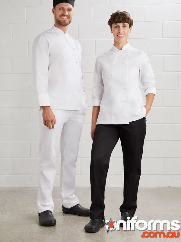Two individuals in White chef uniforms stand side by side, showcasing the Biz Collection Ladies Dash Chef Pant CH234L.
