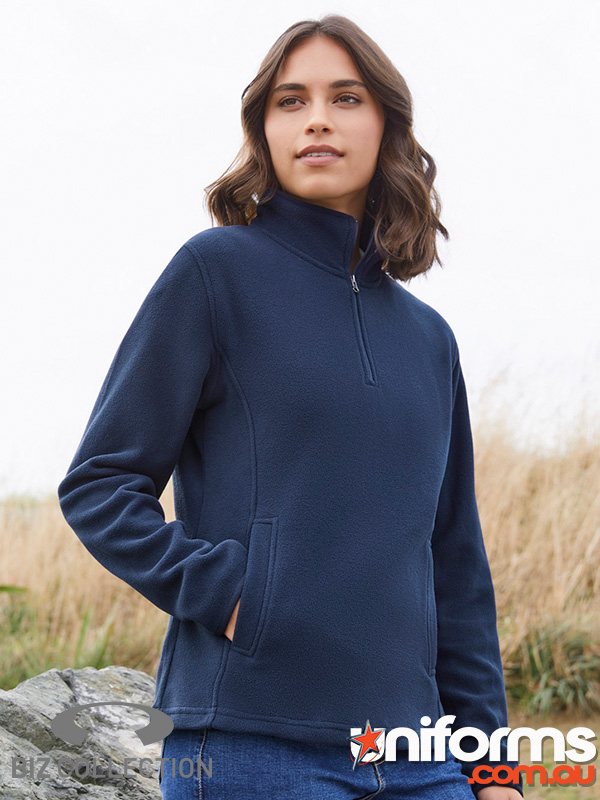 Women's navy zip-neck sweatshirt from Biz Collection, featuring a stylish half-zip design for comfort and versatility.