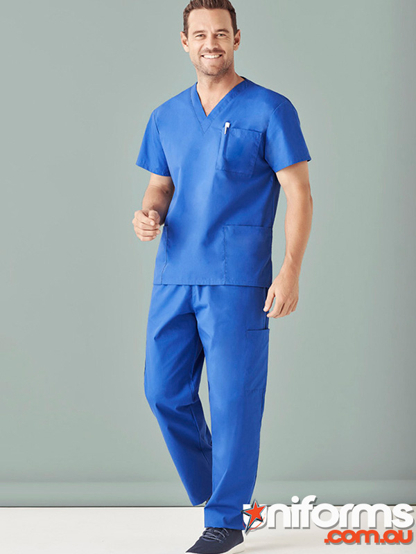 A male nurse wearing a blue scrub suit, representing professionalism in healthcare uniforms.