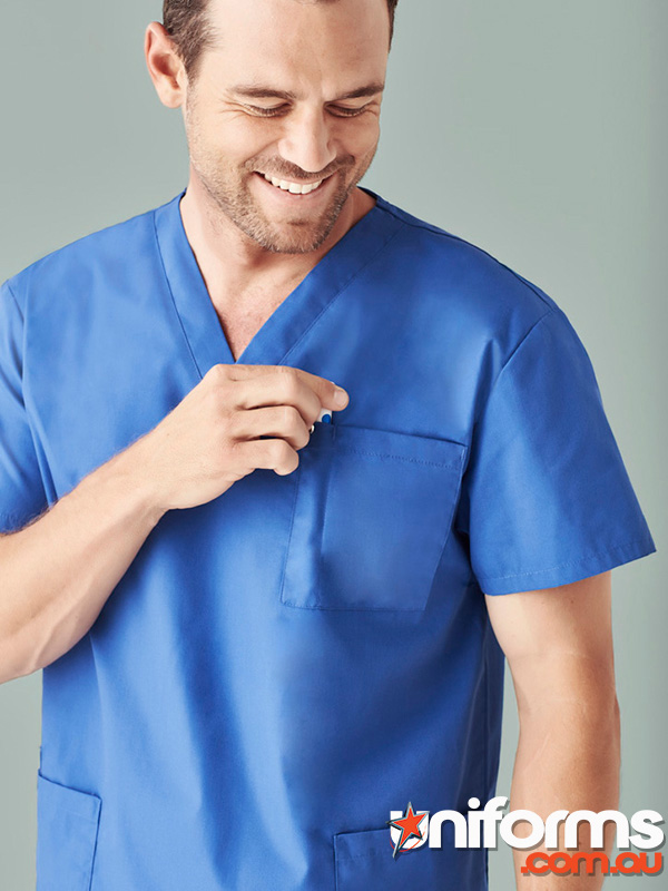 A man in a blue scrub suit smiles confidently, showcasing the Biz Collection Unisex Classic Scrub Top H10612.