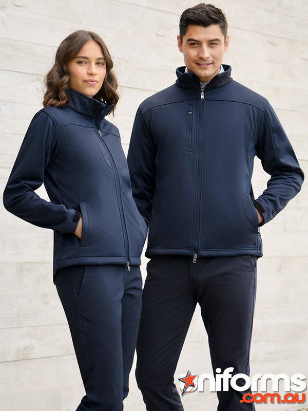 Two individuals in navy jackets stand side by side, showcasing the Biz Collection Women's Softshell Jacket J3825.