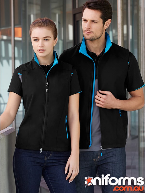 A man and woman in stylish black and blue jackets, showcasing the Biz Collection Men's Geneva Vest J404M.