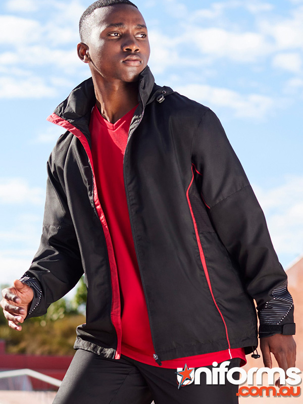 A man wearing a red and black Razor Jacket J408M from Biz Collection is seen walking outdoors.