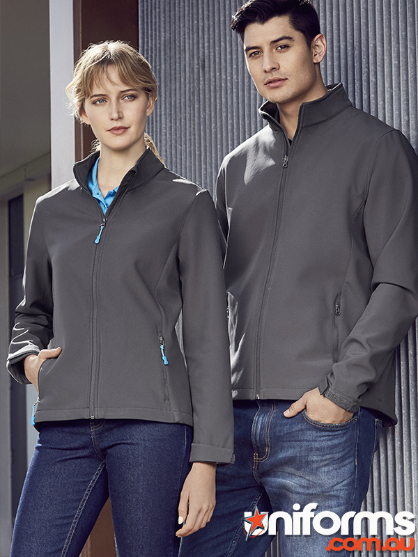 A man and woman dressed in jackets and jeans showcasing the stylish Biz Collection Men's Apex Jacket J740M.