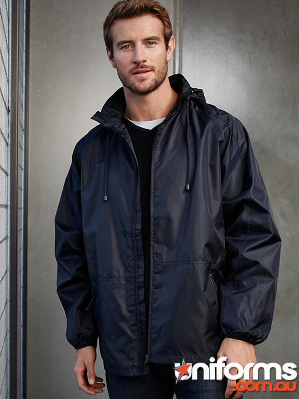 A man in a black rain jacket from the Biz Collection Unisex Spinnaker Jacket stands against a neutral background.
