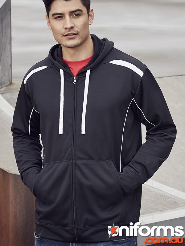 A man sporting a black hoodie and red shirt, representing the contemporary style of the SW310MBiz Collection.