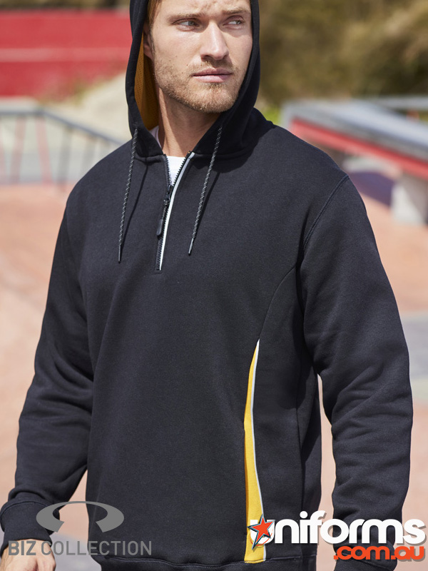 A man models a black and yellow unisex hoodie from the SW710M BIZ COLLECTION, showcasing a stylish and modern design.