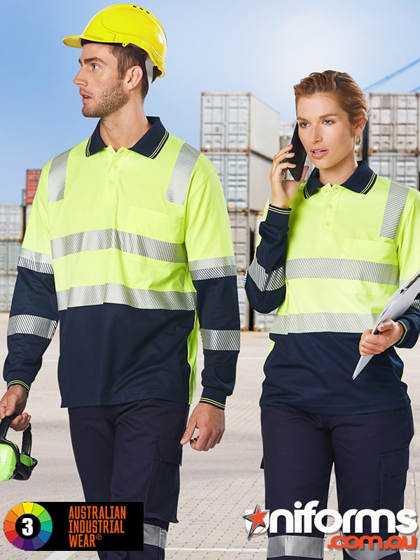 Winning Spirit Truedry Biomotion Segmented L/S Safety Polo (SW74). This high-visibility workwear ensures safety and comfort .