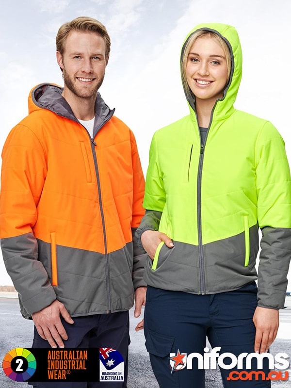 Winning Spirit HiVis Hooded Puffer Jacket (SW80). Ideal for construction and warehousing, this jacket ensures safety and comfort for all workers.