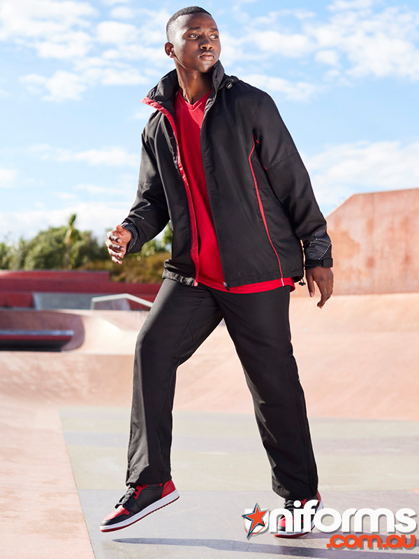 A man in a red shirt and black jacket, showcasing the Biz Collection Unisex Razor Pant TP409M.