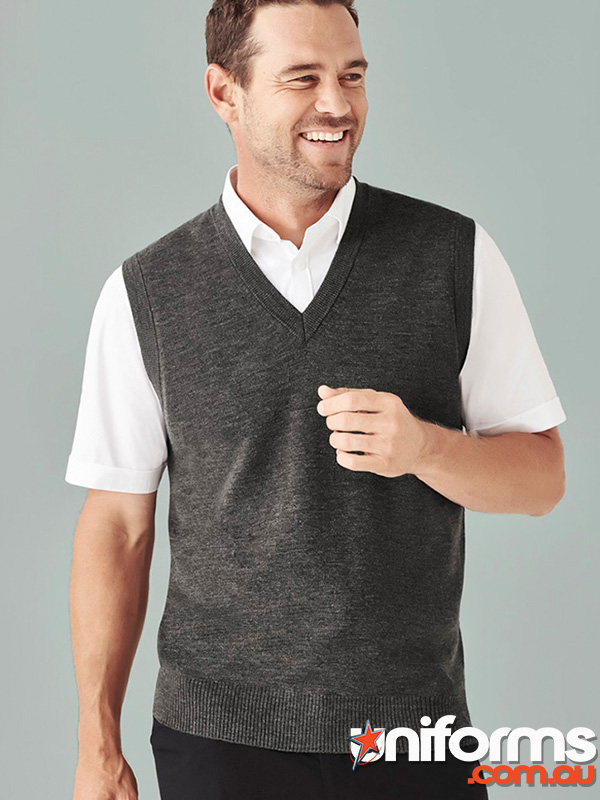 A man sporting a gray vest paired with a white shirt, highlighting the WV619M Biz Collection Milano Knit Vest.
