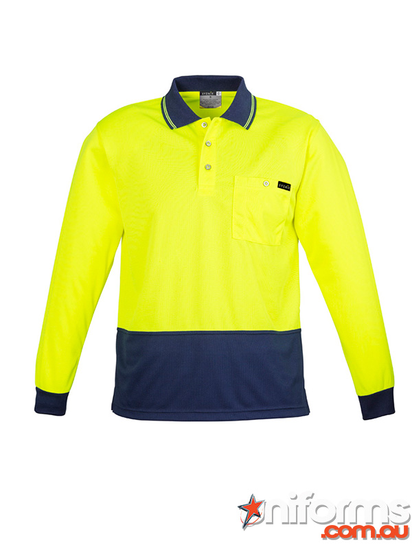 Yellow and navy long sleeve polo shirt, featuring Syzmik Men's Hi Vis Comfort Back design for enhanced visibility and comfort.