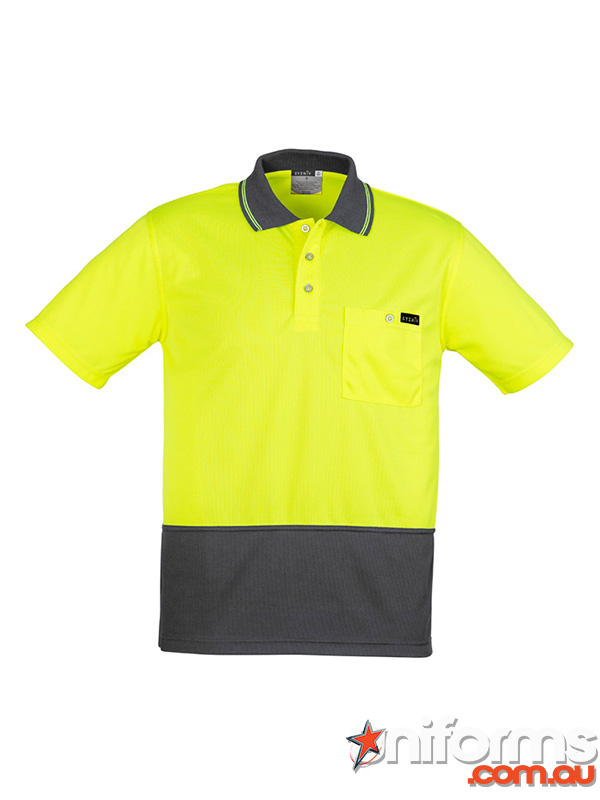 A yellow and charcoal polo shirt with contrast detailing, designed for visibility and comfort, model ZH415 by Syzmik.