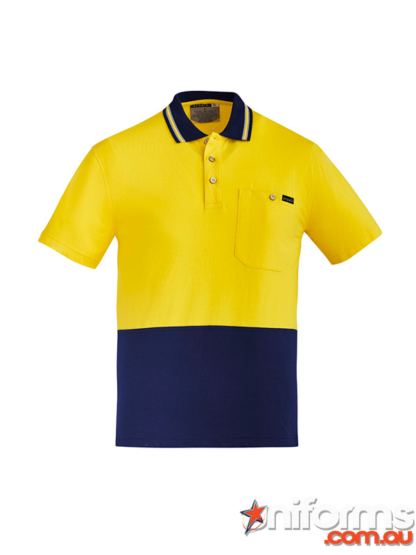 A yellow and navy polo shirt featuring a contrasting blue collar, designed by Syzmik, model ZH435, for high visibility.
