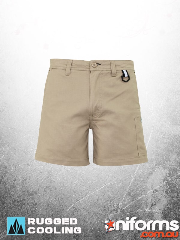 Syzmic men's shorts labeled "Rugged Cooling," emphasizing a blend of durability and breathability for outdoor activities.