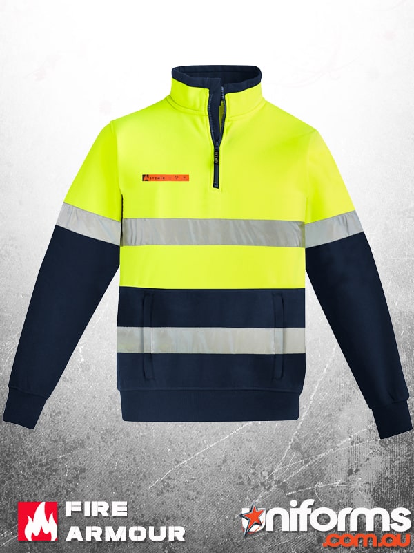 A Yellow HiVis Syzmic Men's Orange Flame Hi Vis 1/4 Zip Brushed Fleece Pullover style ZT150.