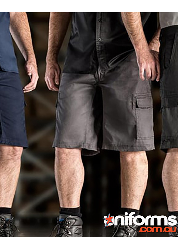 Three men stand wearing the Syzmic brand Midweight Drill Cargo Short style ZW012.