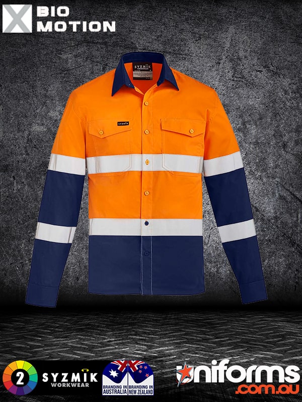 An eye-catching orange and blue shirt with "bio motion" arm taping, ideal for high-visibility work and active lifestyles.